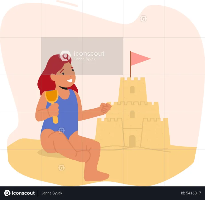 Girl Playing on Beach Building Sand Castle  Illustration