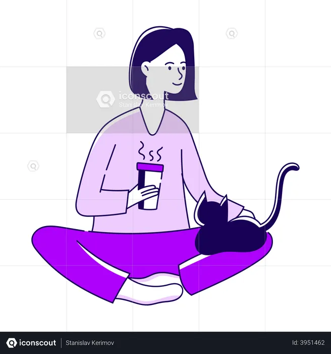 Girl Playing With A Cat  Illustration