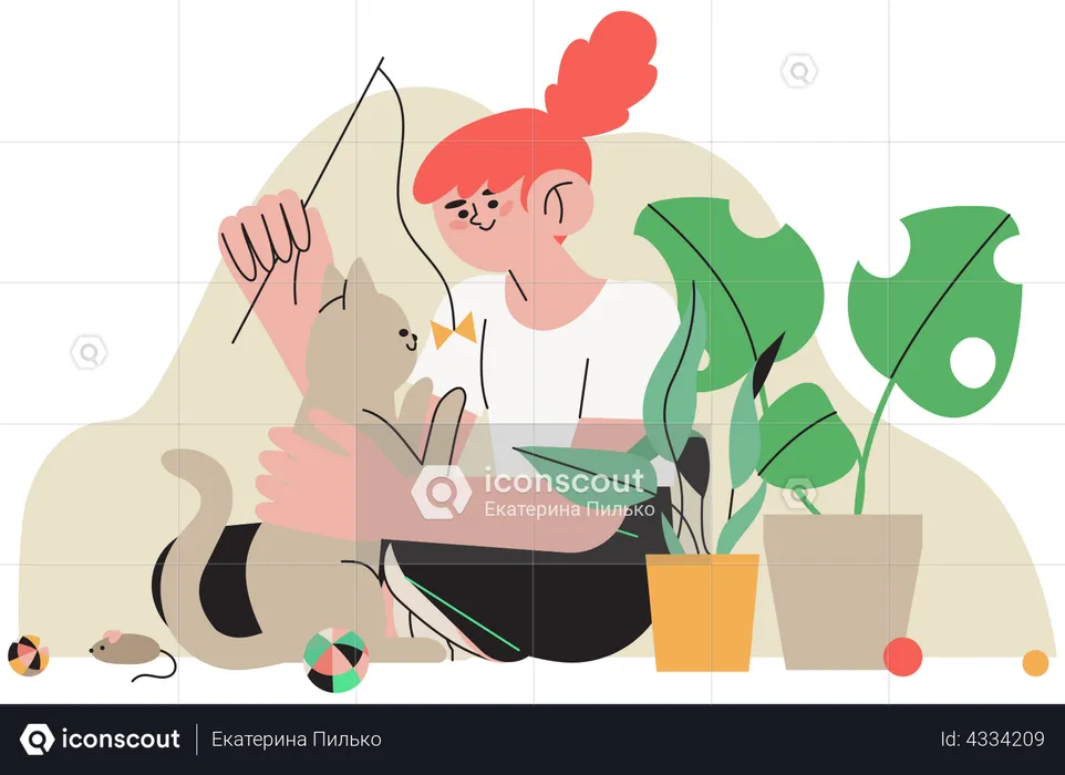 Girl playing with cat  Illustration