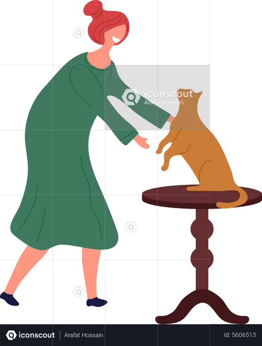 Girl Playing With Cat  Illustration