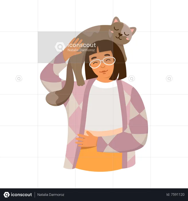 Girl Playing With Cat  Illustration