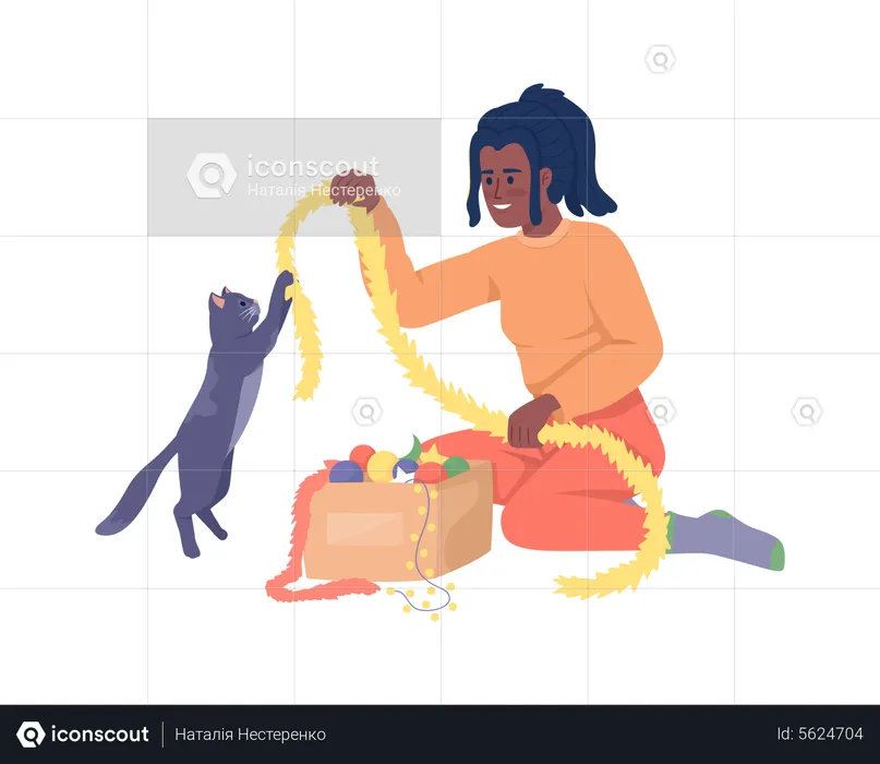 Girl playing with cat using Christmas ornament  Illustration
