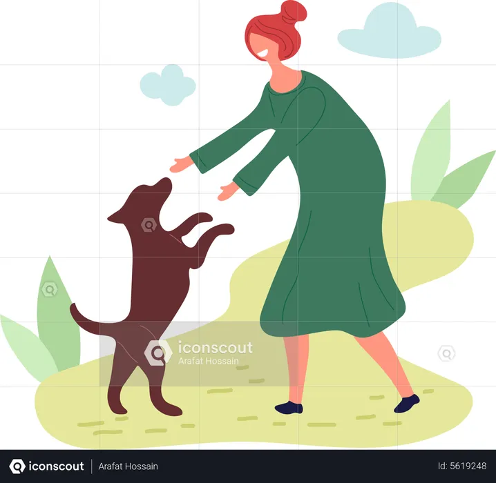 Girl Playing With Dog  Illustration