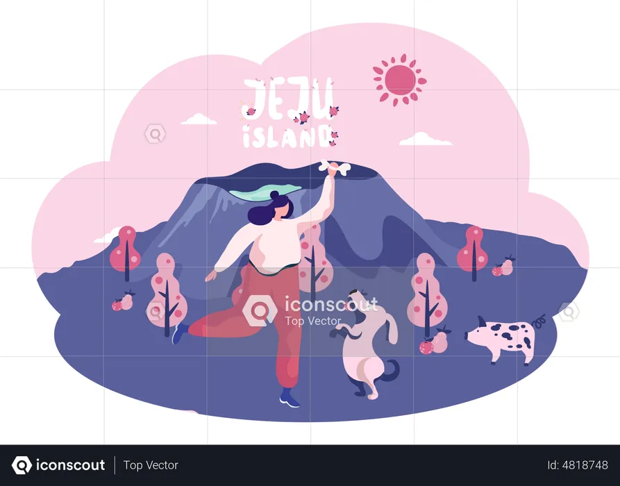Girl playing with dog outdoor on island  Illustration