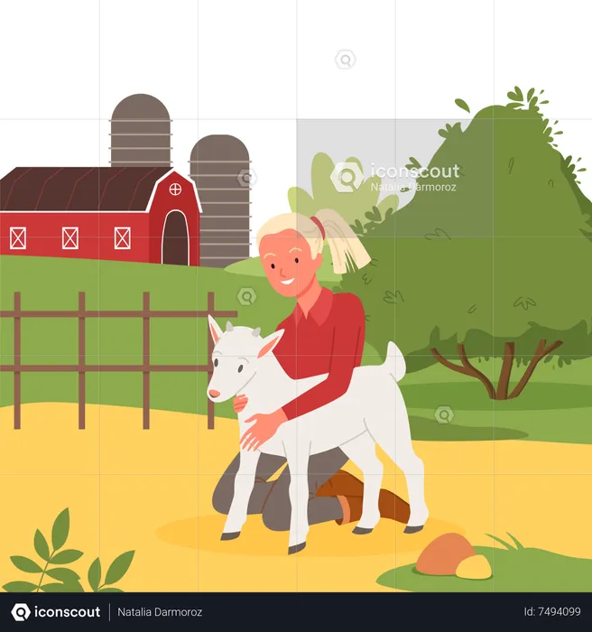 Girl playing with goat  Illustration