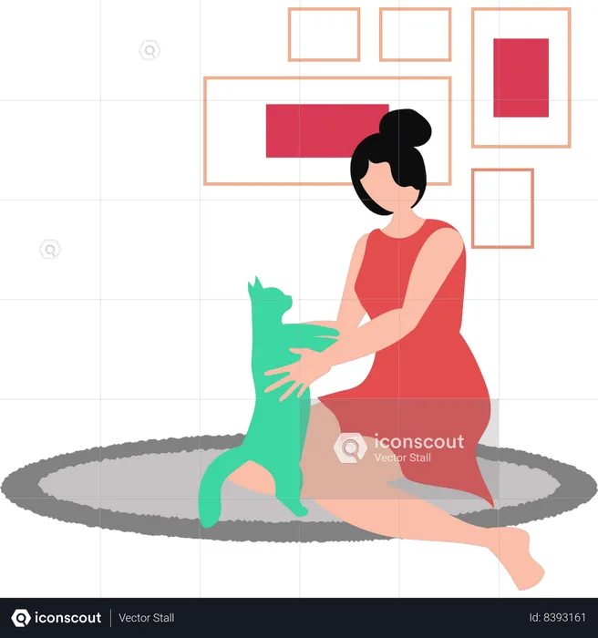 Girl playing with pet cat  Illustration