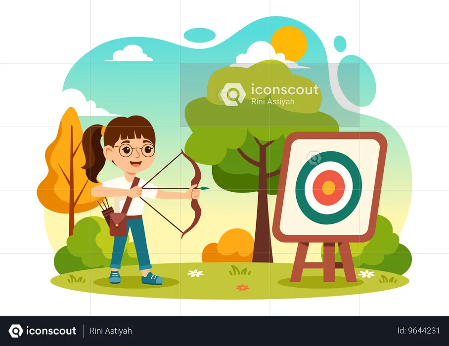 Girl plays archery game skillfully  Illustration