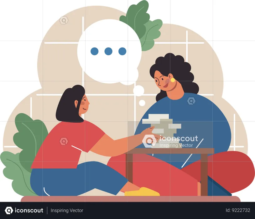 Girl plays block game with her mother  Illustration