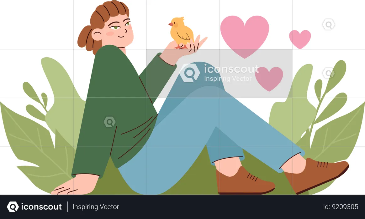 Girl plays with her pet sparrow in garden  Illustration