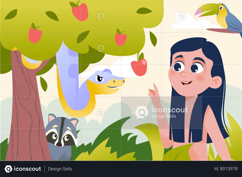 Girl pointing apple with Snake  Illustration