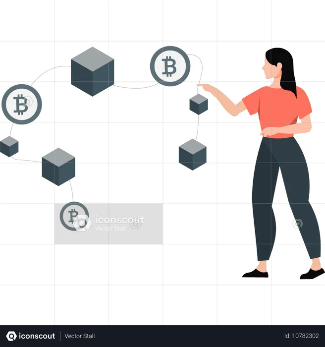 비트코인 상자를 가리키는 소녀  일러스트레이션