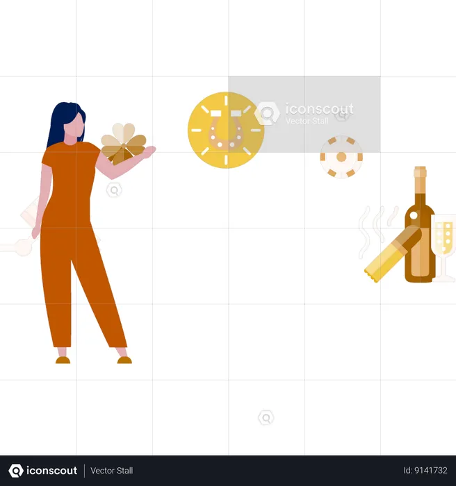 Girl pointing at bottle of wine in casino  Illustration