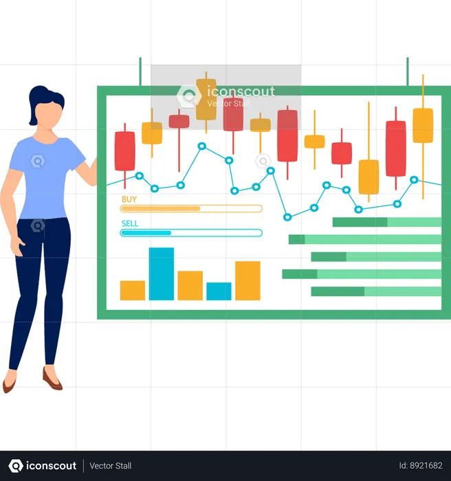 Girl  pointing at candlestick graph pattern  Illustration