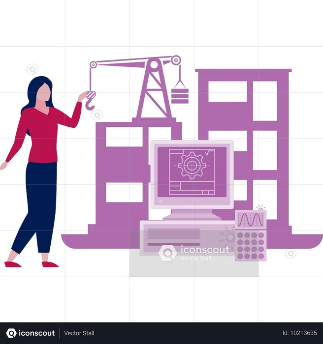 Girl pointing at conveyor and construction tools  Illustration