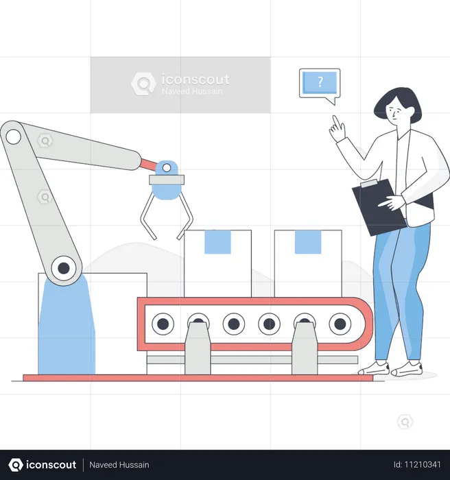 Girl pointing at conveyor machine technology  Illustration