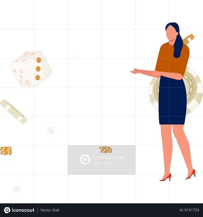 Girl pointing at gambling chips and dice  Illustration