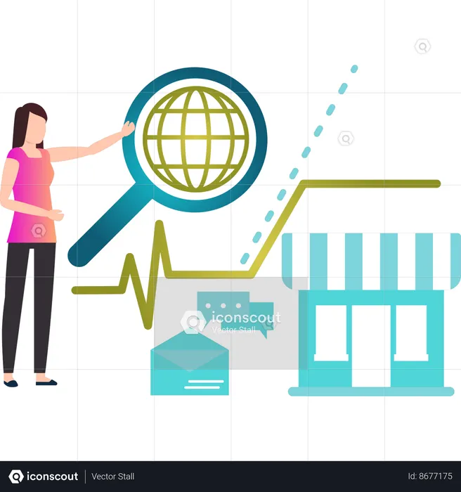 Girl pointing at global search  Illustration