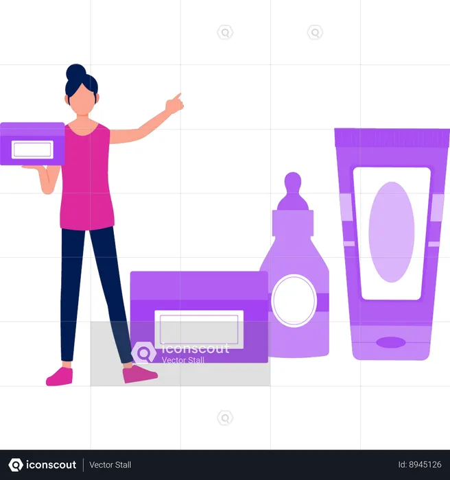 Girl pointing at makeup products  Illustration
