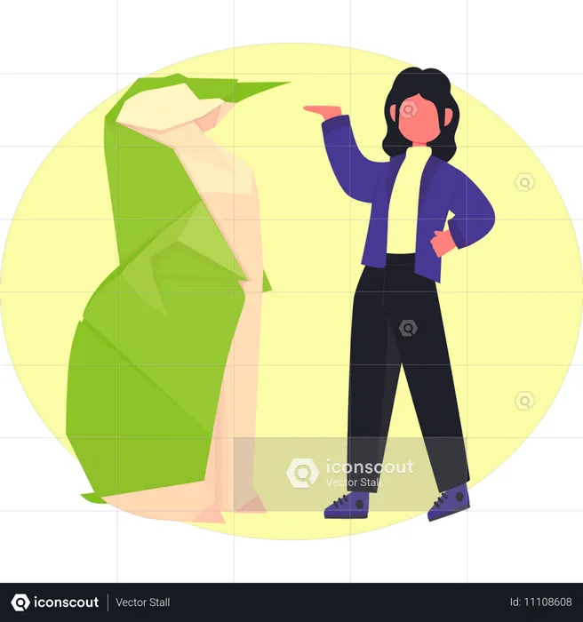 Girl pointing at penguin origami  Illustration