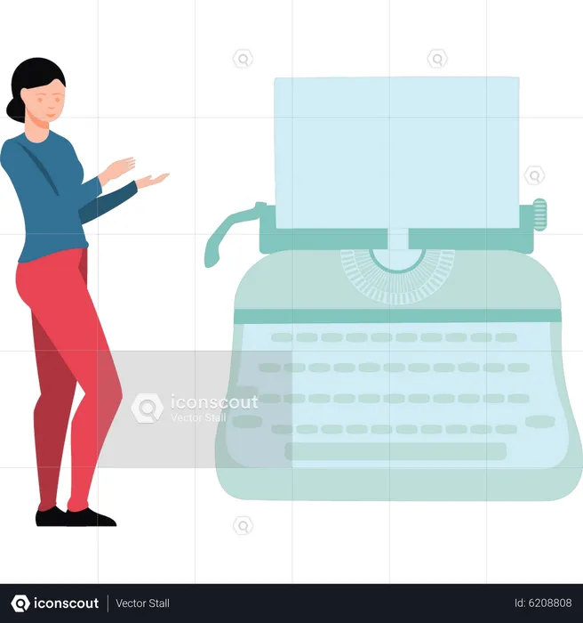 Girl pointing at typewriter  Illustration