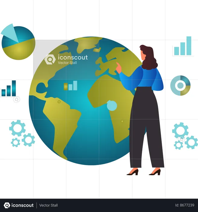 Girl pointing at world pie chart  Illustration