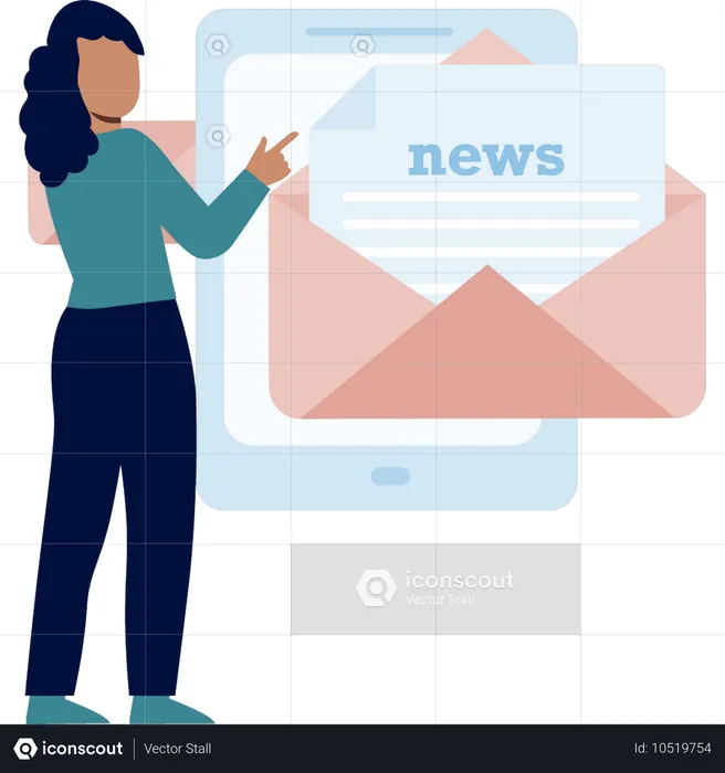 Girl pointing Email news in mobile  Illustration