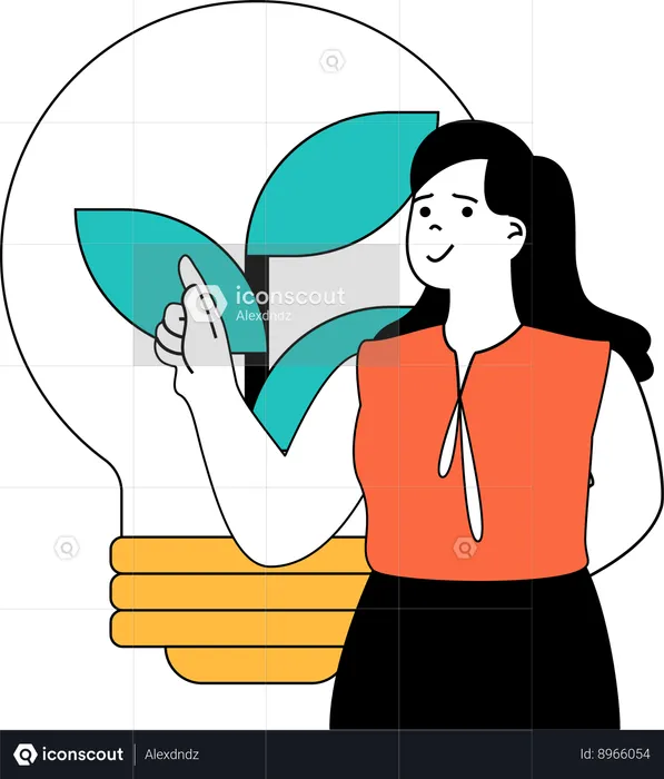 Girl pointing green bulb  Illustration