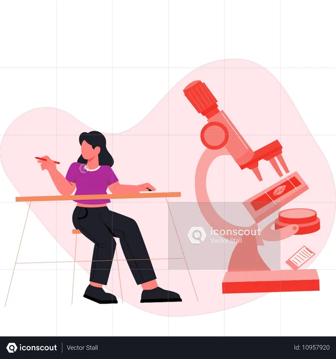 의학 연구를 하면서 현미경을 겨누는 소녀  일러스트레이션