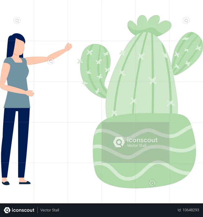 Girl pointing opuntia plant  Illustration