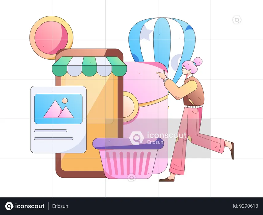 Girl pointing shopping application  Illustration