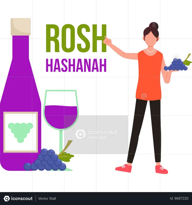 Girl pointing to a bottle of wine for Rosh Hashanah  Illustration