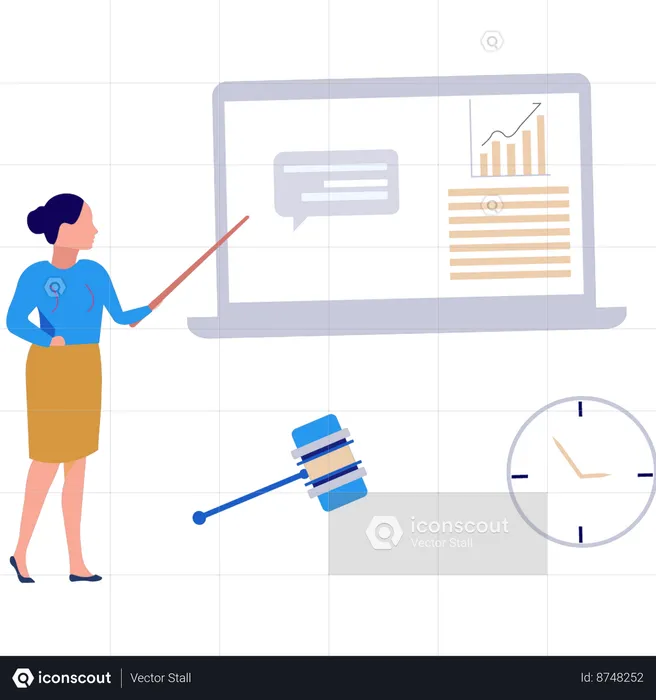 Girl pointing to business graph on laptop screen  Illustration
