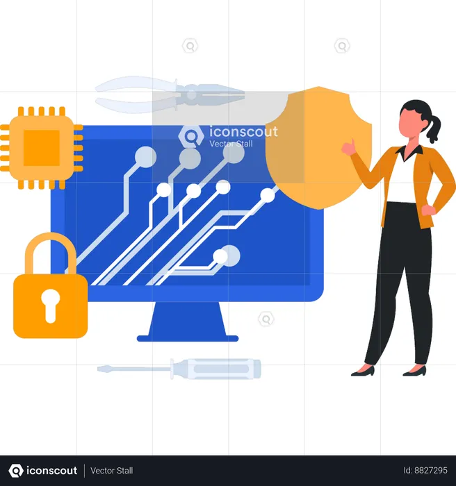Girl pointing to chip protection on monitor  Illustration