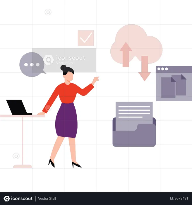 Girl pointing to cloud network files  Illustration