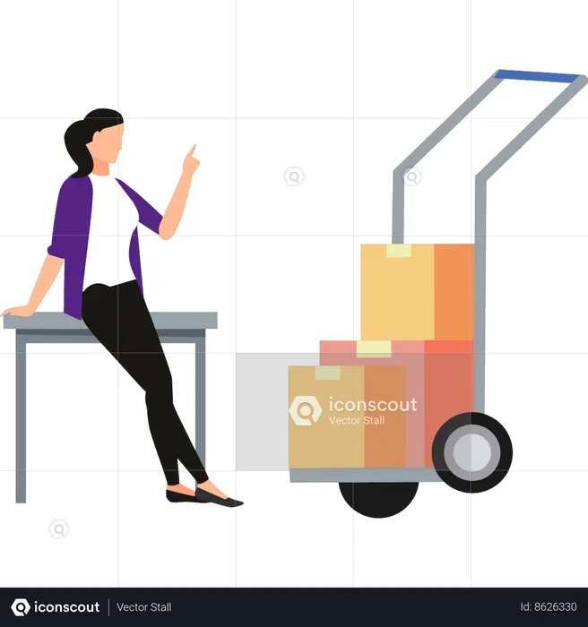 Girl pointing to delivery boxes in trolley  Illustration