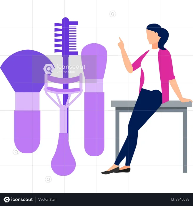Girl pointing to different beauty brushes  Illustration