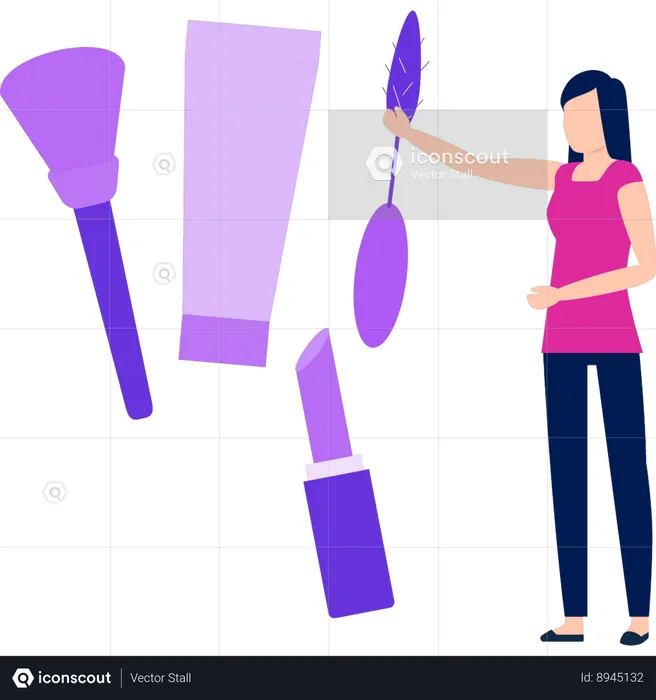 Girl pointing to different face beauty brushes  Illustration
