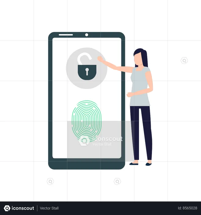 Girl pointing to fingerprint lock on mobile  Illustration