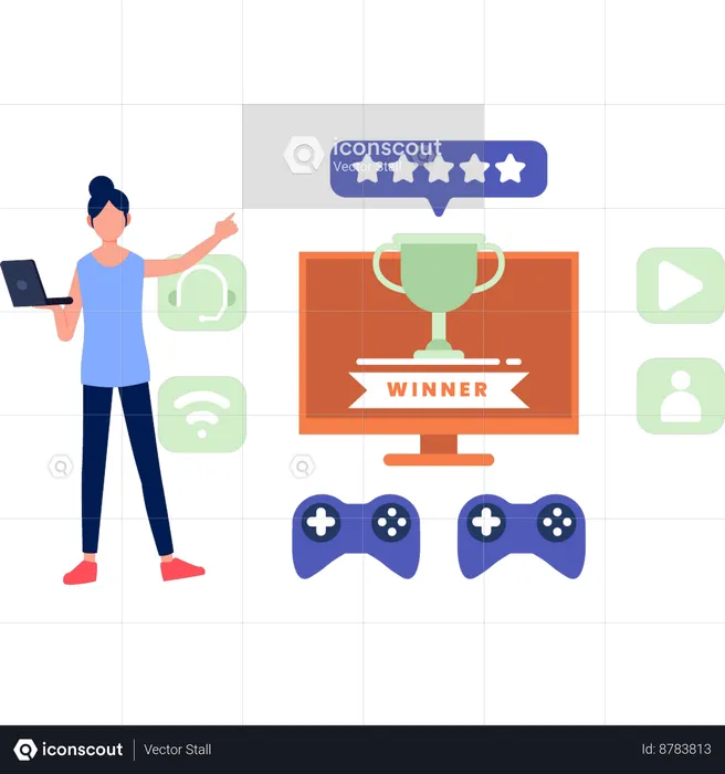 Girl Pointing To Game Winners Trophy  Illustration