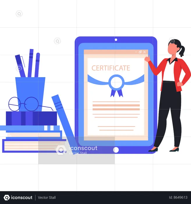 Girl pointing to online certificate on mobile  Illustration