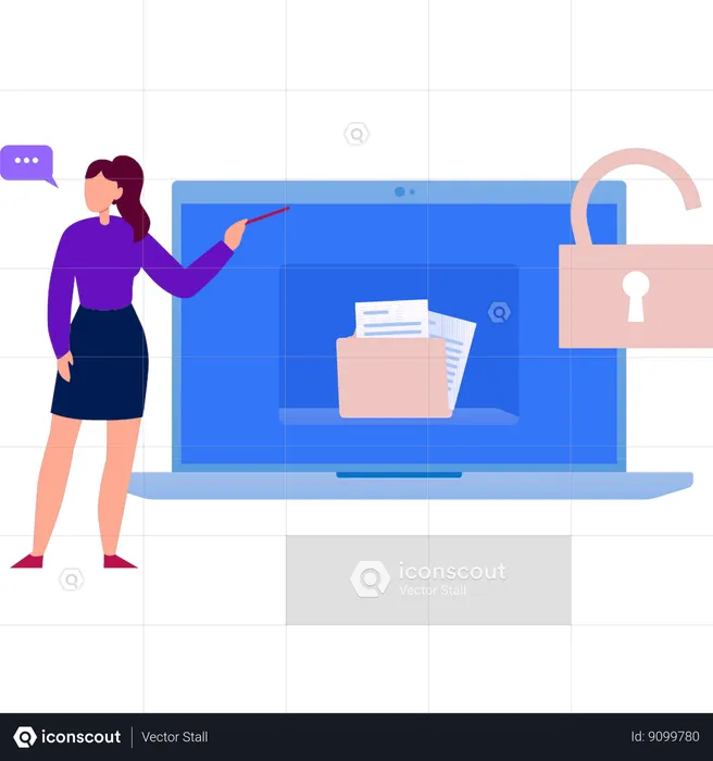 Girl pointing to stolen documents from laptop  Illustration