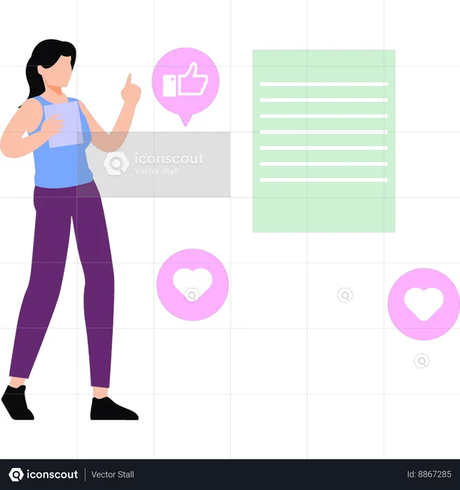 Girl pointing to thumb up emoji  Illustration