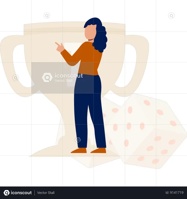Girl pointing to trophy cup after winning gambling game  Illustration