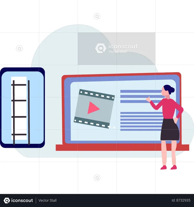 Girl pointing to video document on screen  Illustration