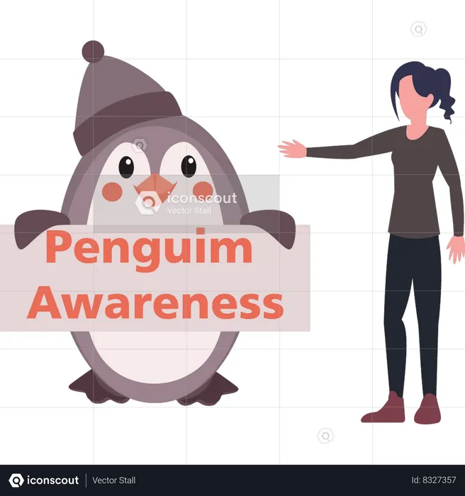 Girl pointing towards penguin awareness board  Illustration
