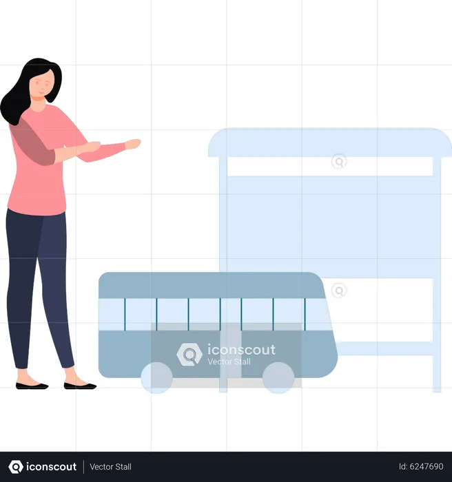 Girl pointing towards the bus  Illustration