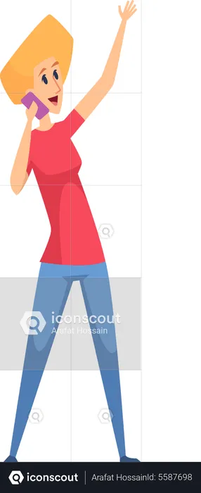 Girl pointing up while on call  Illustration