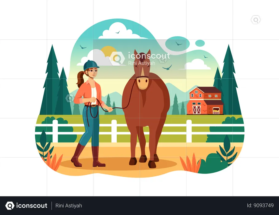Girl prepares her horse for race  Illustration