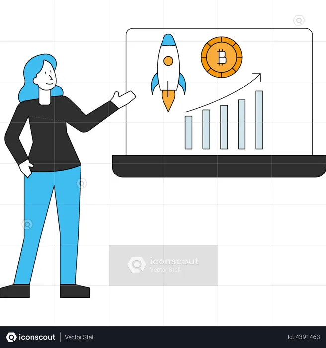 Girl presenting Bitcoin startup  Illustration