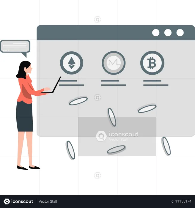 Girl presenting crypto currency on webpage  Illustration